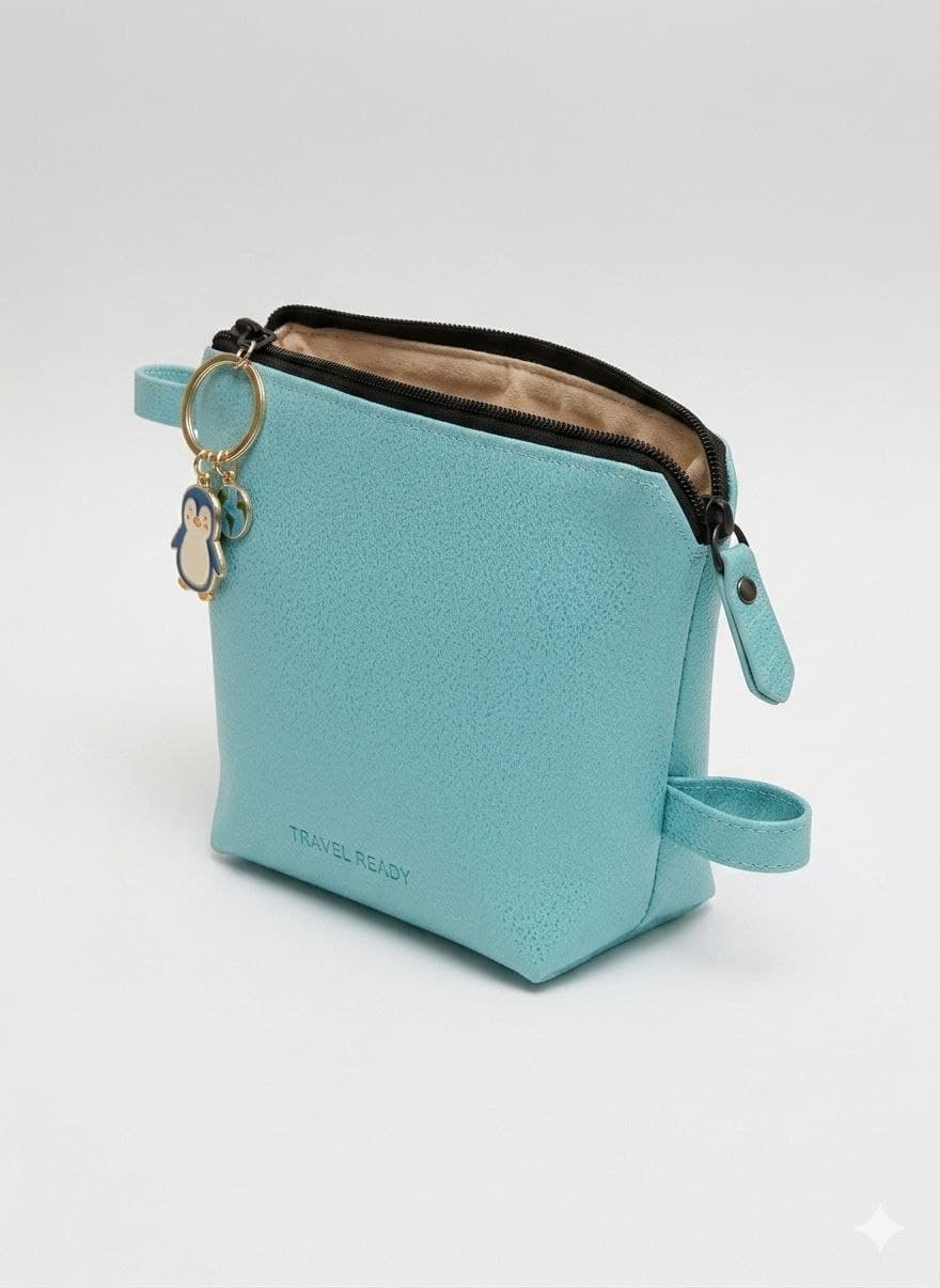 Premium Travel Cosmetic Pouch with Free Cute Keychain – Sky Blue