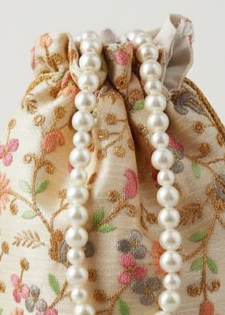 Women's Traditional Embroidered Potli Bag with Pearl Handle - Cream & Floral