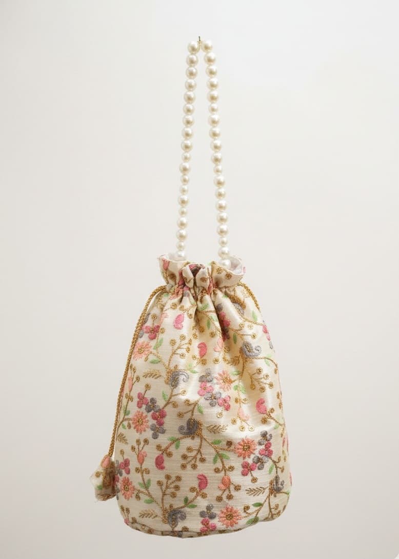 Women's Traditional Embroidered Potli Bag with Pearl Handle - Cream & Floral