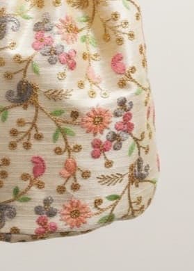 Women's Traditional Embroidered Potli Bag with Pearl Handle - Cream & Floral