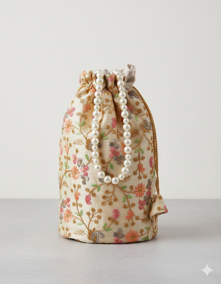 Women's Traditional Embroidered Potli Bag with Pearl Handle - Cream & Floral