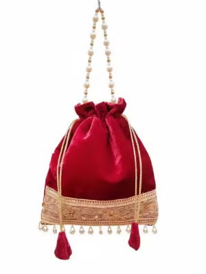 Women's Velvet Potli Bag with Pearl Handle – Red & Gold Ethnic Clutch