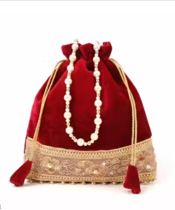 Women's Velvet Potli Bag with Pearl Handle – Red & Gold Ethnic Clutch