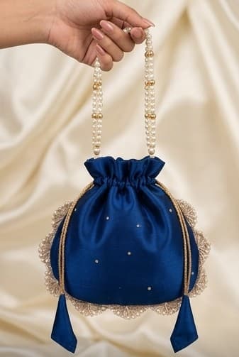 Royal Blue Silk Embroidered Potli Bag with Pearl Handle for Weddings & Festivals