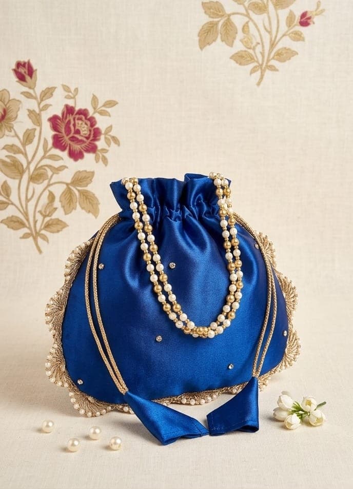 Royal Blue Silk Embroidered Potli Bag with Pearl Handle for Weddings & Festivals