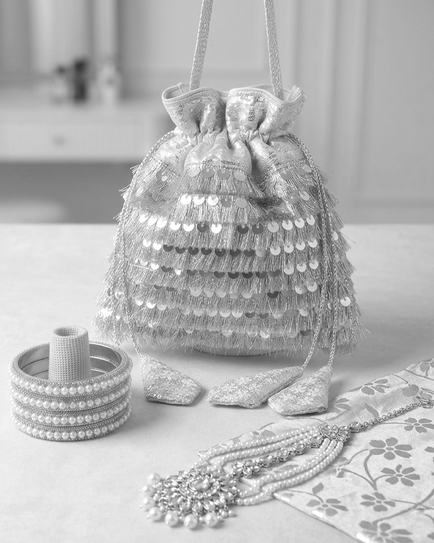 Women's Festive Metallic Silver Potli Bag with Tiered Sequins & Fringe Tassels