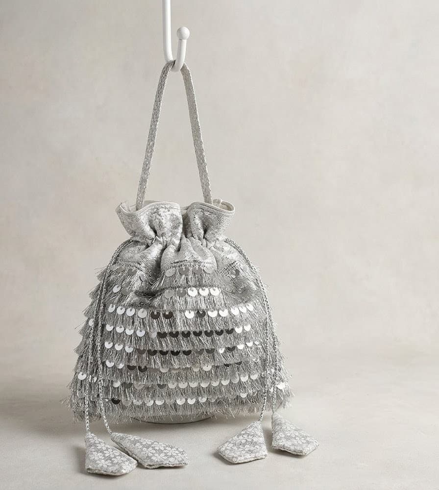Women's Festive Metallic Silver Potli Bag with Tiered Sequins & Fringe Tassels